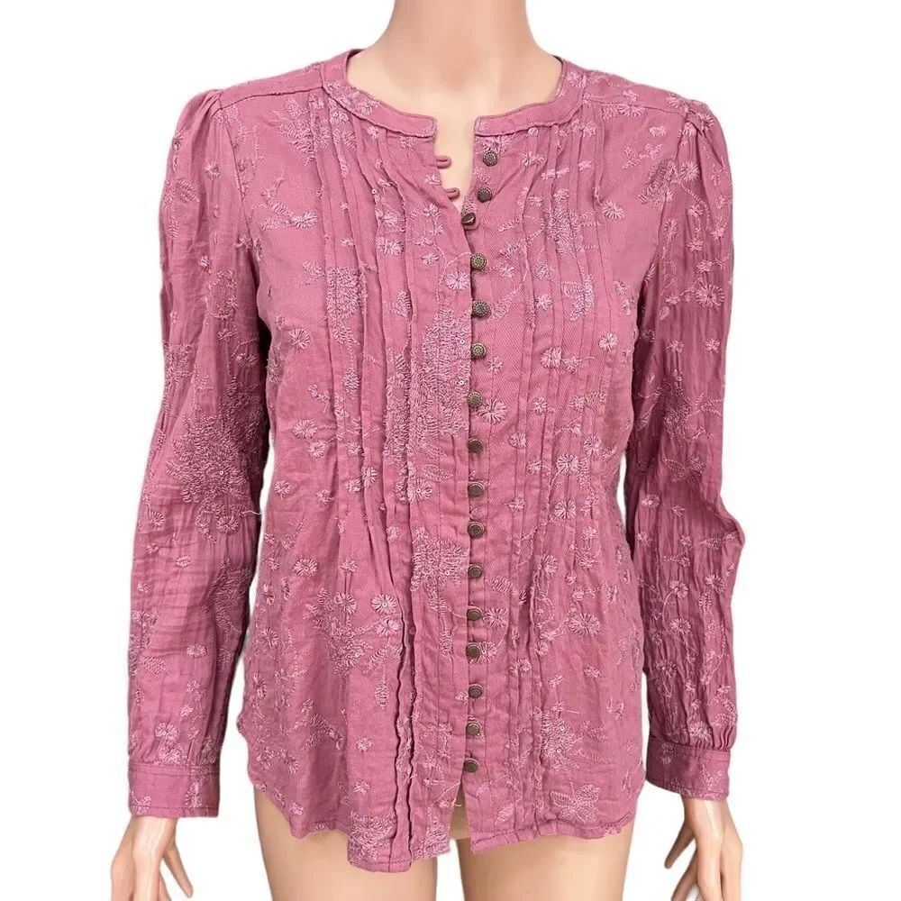 Anthropologie Pilcro Button Embroidered Blouse Rose Pink Cotton Blend Size S.